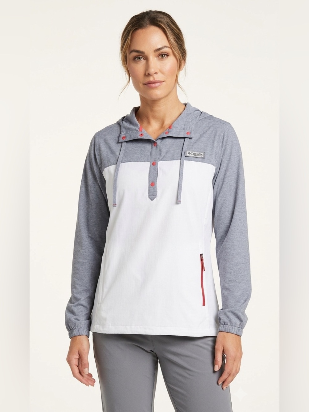 Columbia Tamiami Hooded Pullover Jacket Women’s Medium White Gray Half Snap Fish